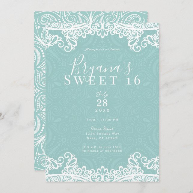 Invitación Elegante Verde azulado Turquesa Lace Blanco Dulce  (Anverso / Reverso)
