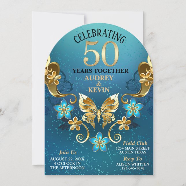 Invitación Elegante Verde azulado y Gold 50° Aniversario Boda (Anverso)