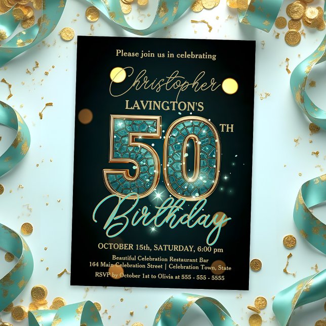 Invitación Elegante Verde azulado y la celebración de los 50  (Subido por el creador)
