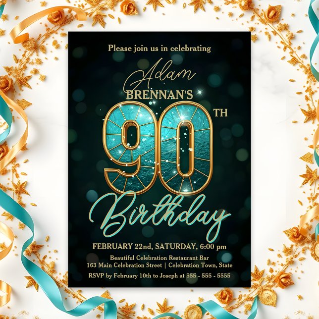 Invitación Elegante Verde azulado y la celebración de los 90  (Subido por el creador)