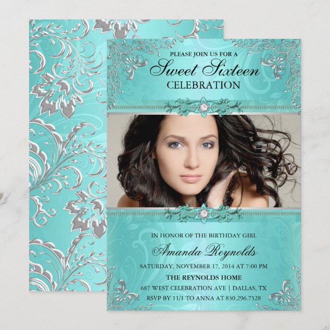 Invitación Elegante Verde azulado y plateado Dulce Invitados (Anverso / Reverso)