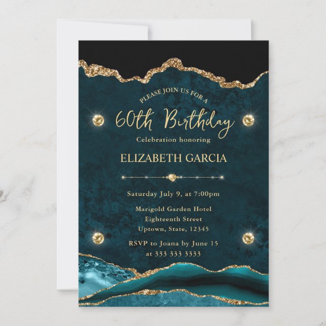Invitación Elegante Verde azulado y Purpurina de oro Agate 60 (Anverso)