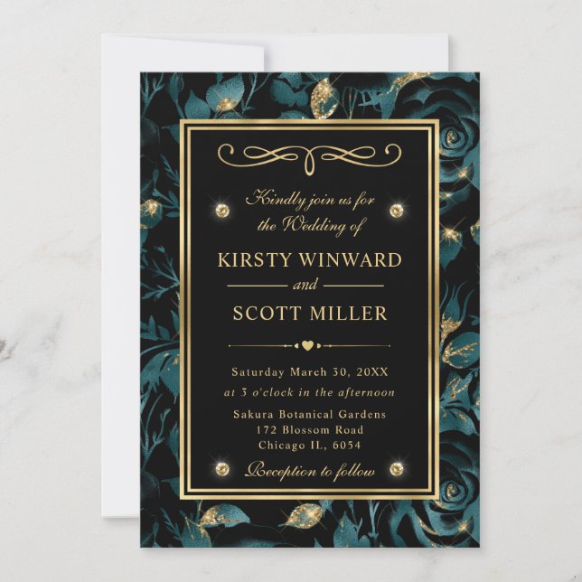 Invitación Elegante Verde azulado y Rosa dorado Boda de patró (Anverso)