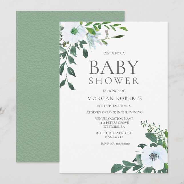 Invitación Elegante verde blanco floral Baby Shower Invite (Anverso / Reverso)
