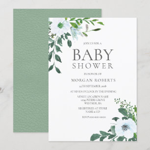 Invitación Elegante verde blanco floral Baby Shower Invite