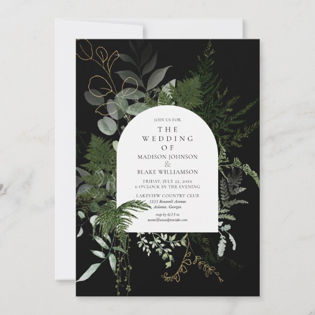 Invitación Elegante verde Boda blanco negro (Anverso)