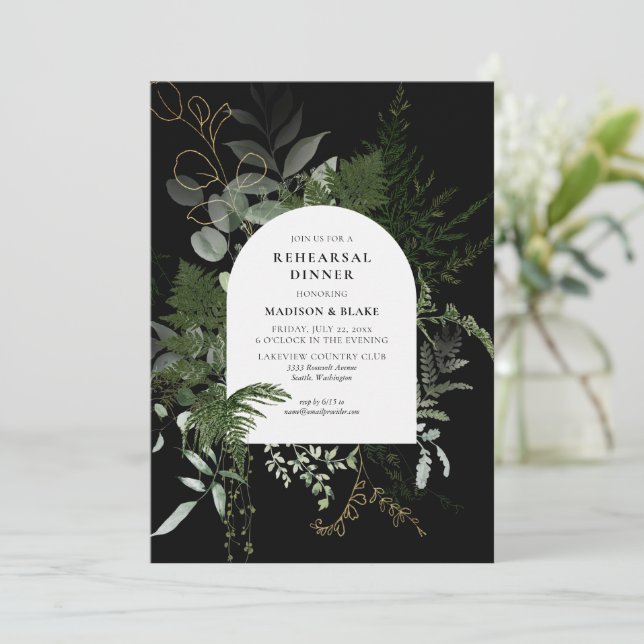 Invitación Elegante verde Boda negro Ensayo de cena (Anverso de pie)