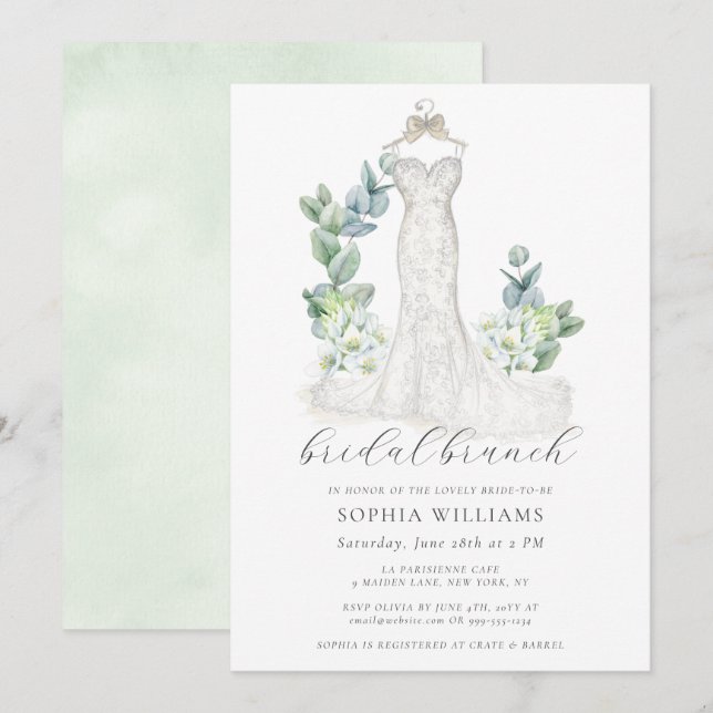 Invitación Elegante verde Boda vestido brunch de novia (Anverso / Reverso)