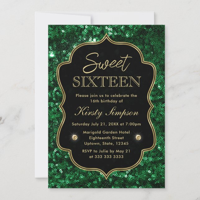 Invitación Elegante Verde Brillo Falso y Dorado Invierno Dulc (Anverso)