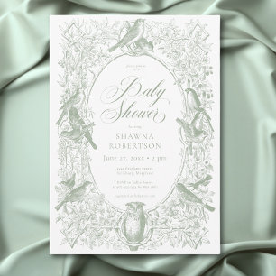 Invitación Elegante verde Chinoiserie Naturaleza Aves Baby Sh
