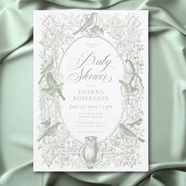 Invitación Elegante verde Chinoiserie Naturaleza Aves Baby Sh (Elegant Green Chinoiserie Nature Birds Baby Shower Invitation)