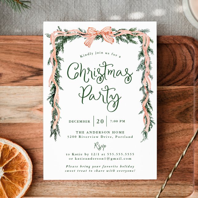 Invitación Elegante Verde con Lazo Rojo Rayado Fiesta de Navi (Subido por el creador)