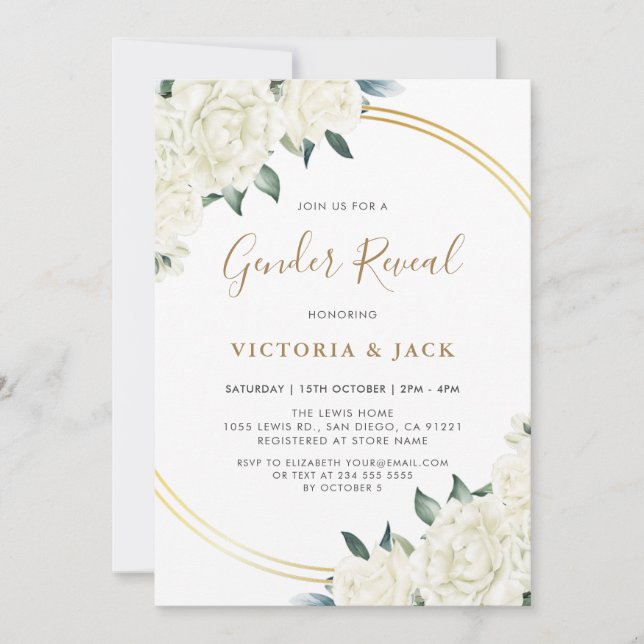 Invitación Elegante verde de marfil de oro floral revelación  (Anverso)