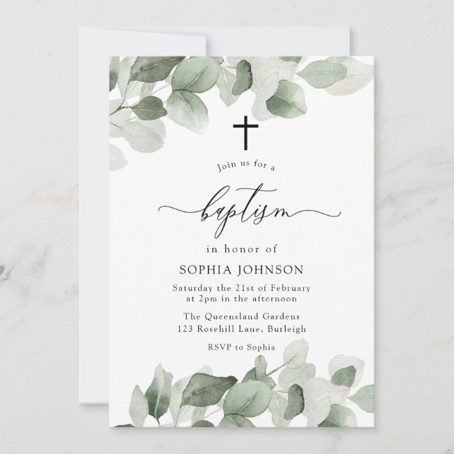 Invitación Elegante verde deja Chica moderno o bautismo de ni (Anverso)