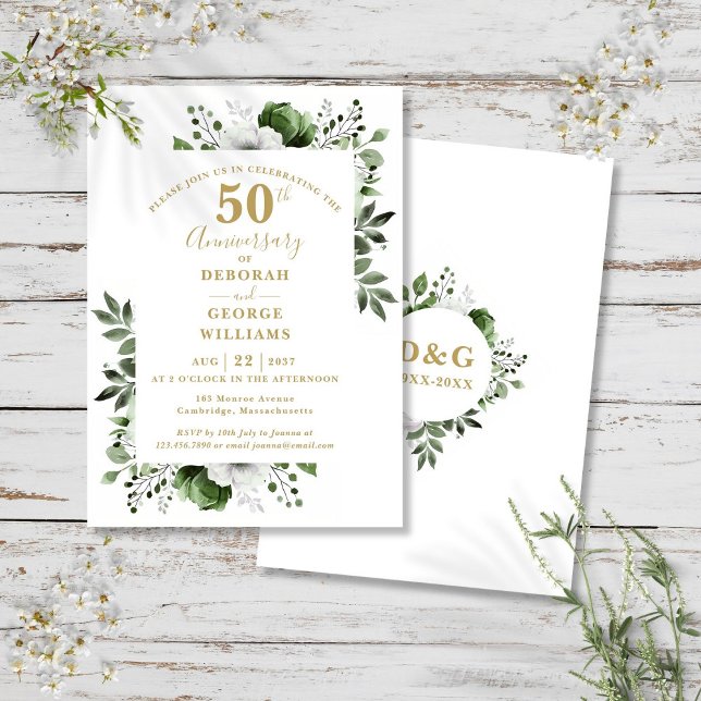 Invitación Elegante Verde Dorado 50 Aniversario de Boda (Elegant Gold Greenery 50th Wedding Anniversary Invitation)