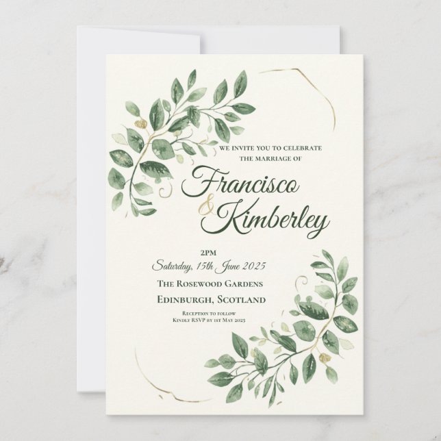 Invitación Elegante Verde Dorado Botánico Script Personalizab (Anverso)