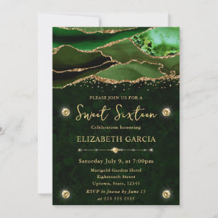 Invitación Elegante Verde Dorado Brillo Ágata Dulces Dieciséi