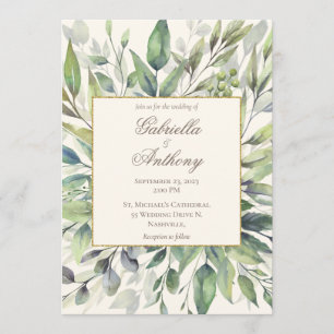 Invitación Elegante verde dorado deja Boda acuarela