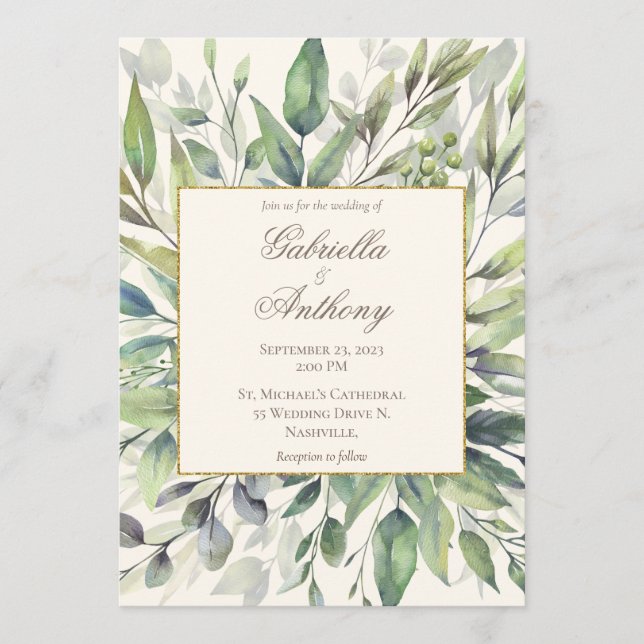 Invitación Elegante verde dorado deja Boda acuarela (Anverso)