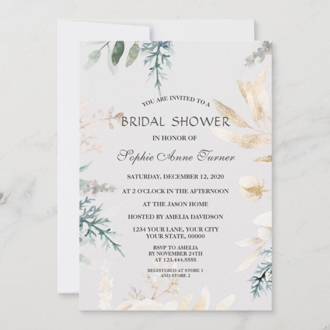 Invitación Elegante verde dorado deja ducha de novia (Anverso)