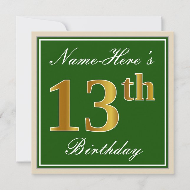 Invitación Elegante, Verde, Dorado Falso Cumpleaños 13 + Nomb (Anverso)