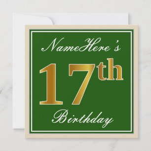 Invitación Elegante, Verde, Dorado Falso Cumpleaños 17 + Nomb