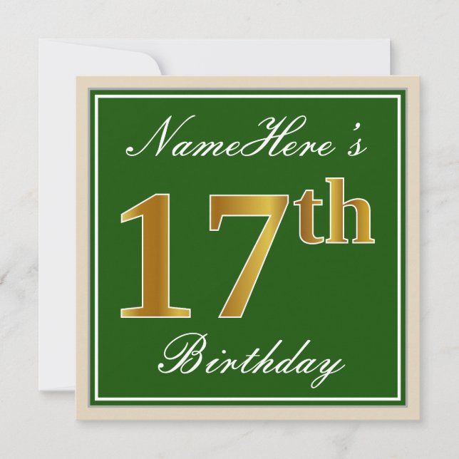 Invitación Elegante, Verde, Dorado Falso Cumpleaños 17 + Nomb (Anverso)