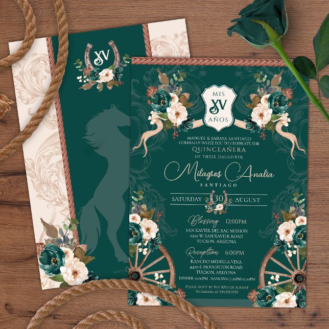 Invitación Elegante verde esmeralda Charra Quinceañera (Subido por el creador)
