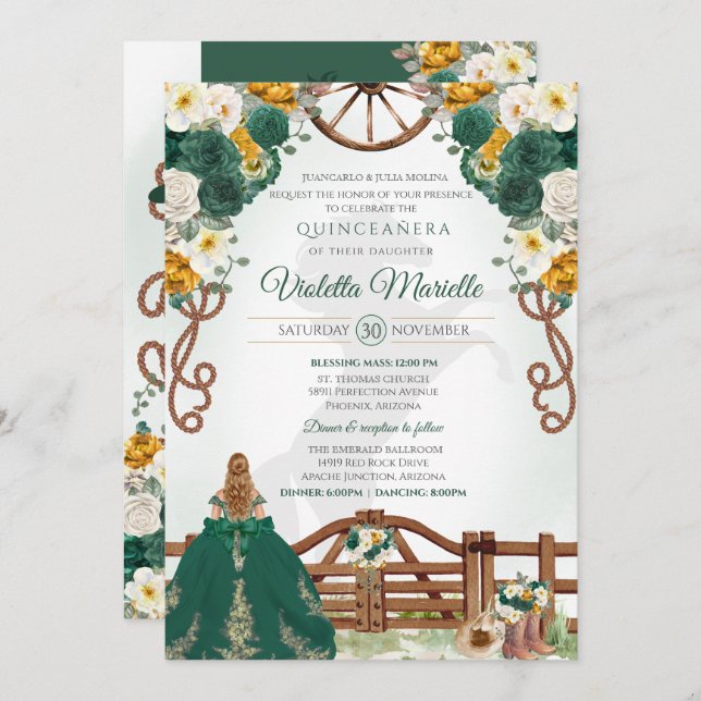 Invitación Elegante verde esmeralda Charro Occidental Quincea (Anverso / Reverso)