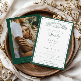 Invitación Elegante Verde Esmeralda Cresta Monograma Boda En