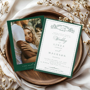 Invitación Elegante Verde Esmeralda Cresta Monograma Boda En