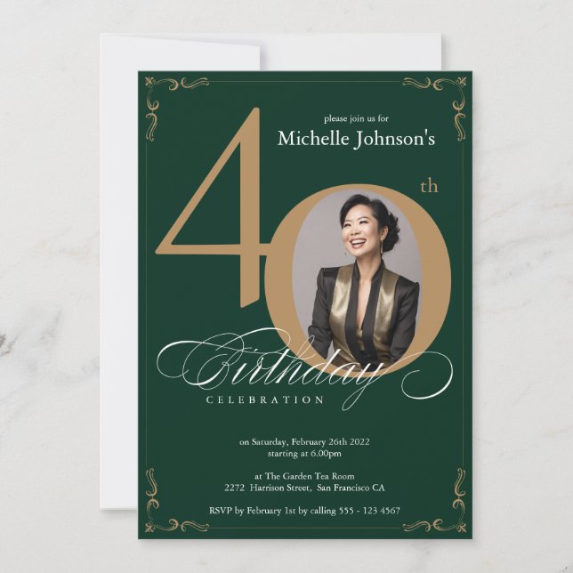 Invitación Elegante verde esmeralda de oro 40 cumpleaños (Anverso)