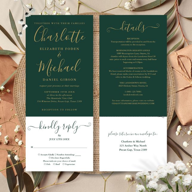 Invitación Elegante Verde Esmeralda Moderno Script Dorado (Modern Emerald Green Elegant Gold Script Invitation)