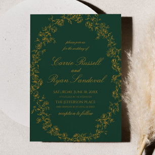 Invitación Elegante Verde Esmeralda Oro Rosas Florales Boda