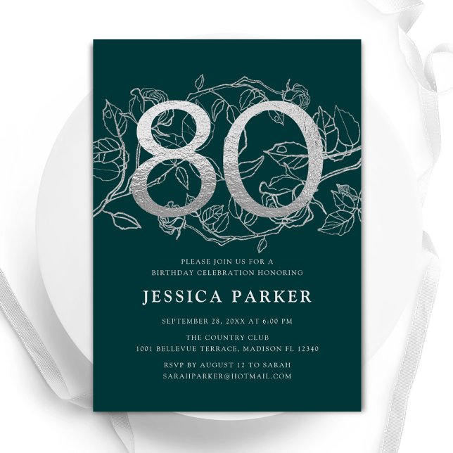 Invitación Elegante verde esmeralda Plata 80 cumpleaños (Subido por el creador)
