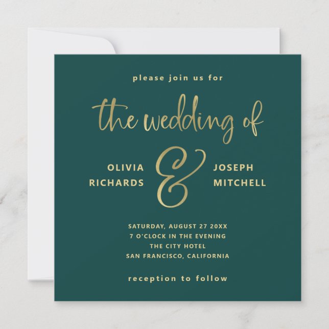 Invitación Elegante verde esmeralda y Boda de oro falso (Anverso)