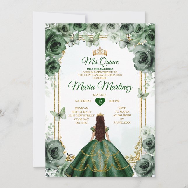 Invitación Elegante Verde Esmeralda y Oro Mis Quince Dulce 16 (Anverso)