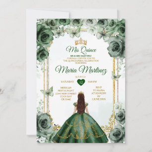 Invitación Elegante Verde Esmeralda y Oro Mis Quince Dulce 16