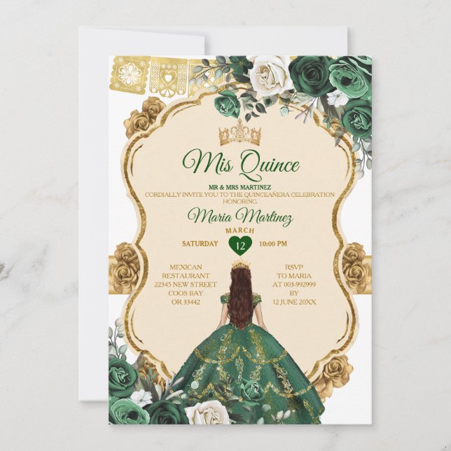Invitación Elegante verde esmeralda y quinceañera de la coron (Anverso)
