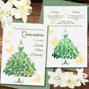 Invitación Elegante verde esmeralda y quinceañera dorada
