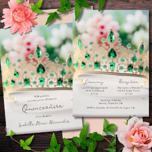 Invitación Elegante Verde Esmeralda Y Tiara Dorada Quinceañer