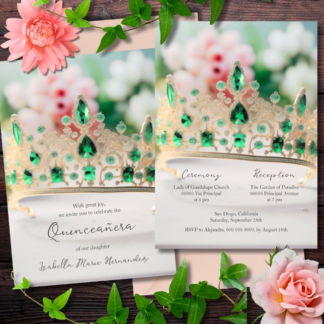 Invitación Elegante Verde Esmeralda Y Tiara Dorada Quinceañer (Subido por el creador)