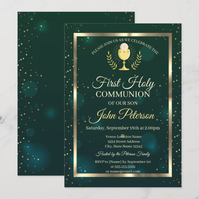 Invitación Elegante Verde,Estrellas Primera Comunión (Anverso / Reverso)