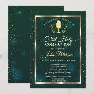 Invitación Elegante Verde,Estrellas Primera Comunión