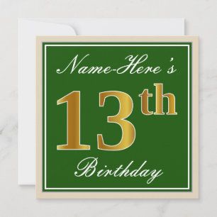 Invitación Elegante, verde, falso oro 13 cumpleaños + nombre