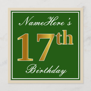 Invitación Elegante, verde, falso oro 17 cumpleaños + nombre