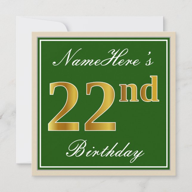 Invitación Elegante, verde, falso oro 22 cumpleaños + nombre (Anverso)