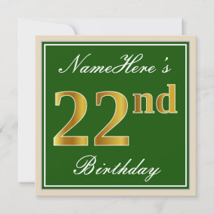 Invitación Elegante, verde, falso oro 22 cumpleaños + nombre