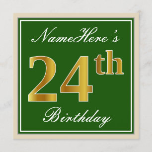 Invitación Elegante, verde, falso oro 24 cumpleaños + nombre