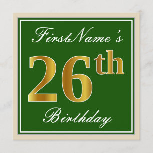 Invitación Elegante, verde, falso oro 26 cumpleaños + nombre